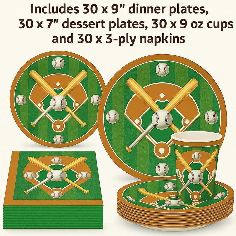 Oojami 120 pc Complete Party Pack Baseball 9" Dinner Paper Plates 7" Dessert Paper Plates 9 oz Cups 3 Ply Napkins Baseball Party Theme - Image 2
